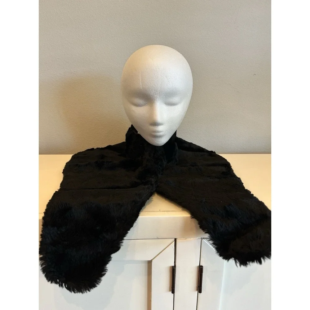 Vintage Fur Scarf Collar Shawl Wrap Black Plush w/ Ruching & Hook/Eye Closures